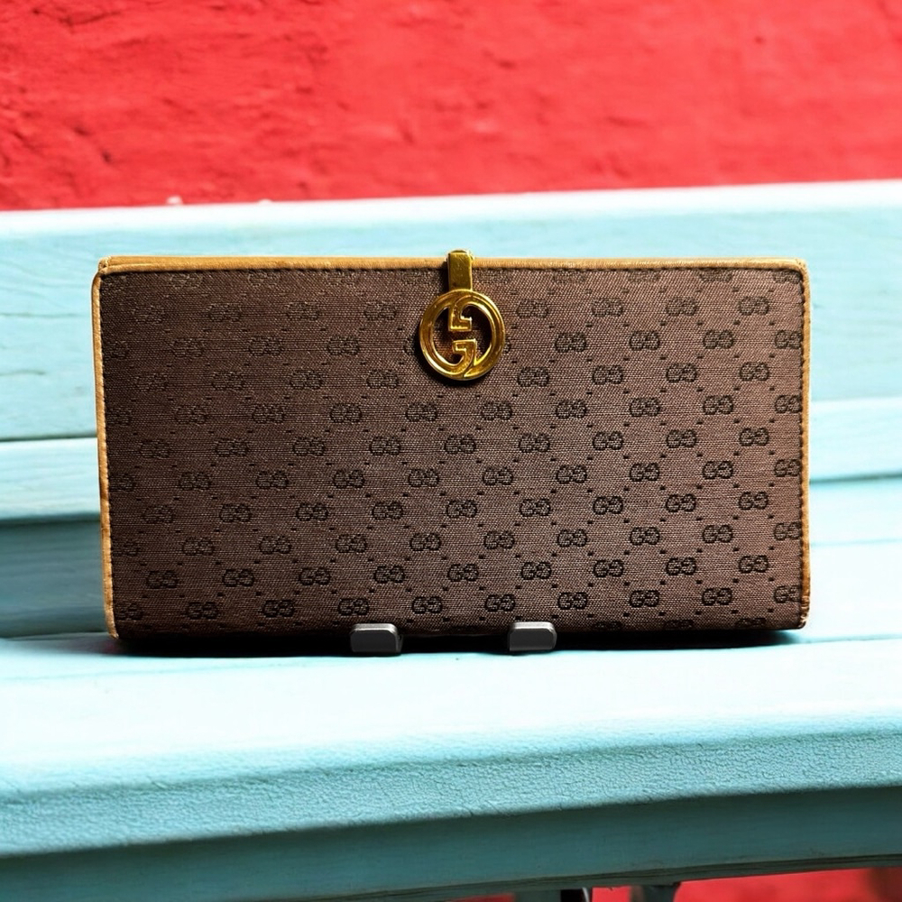 Gucci Brown & Green Canvas & Leather Long Flap Wallet w/Gold Hinge Detail